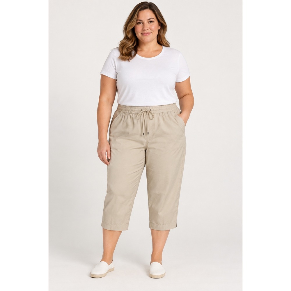 Croft & Barrow Womens 1X Khaki Tan Capri Pants Elastic Waist Drawstring Twill